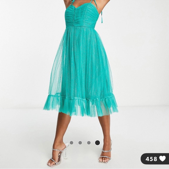 Collective the Label Petite tie shoulder ruched midi dress in Emerald Glitter 👗 - Picture 4 of 4